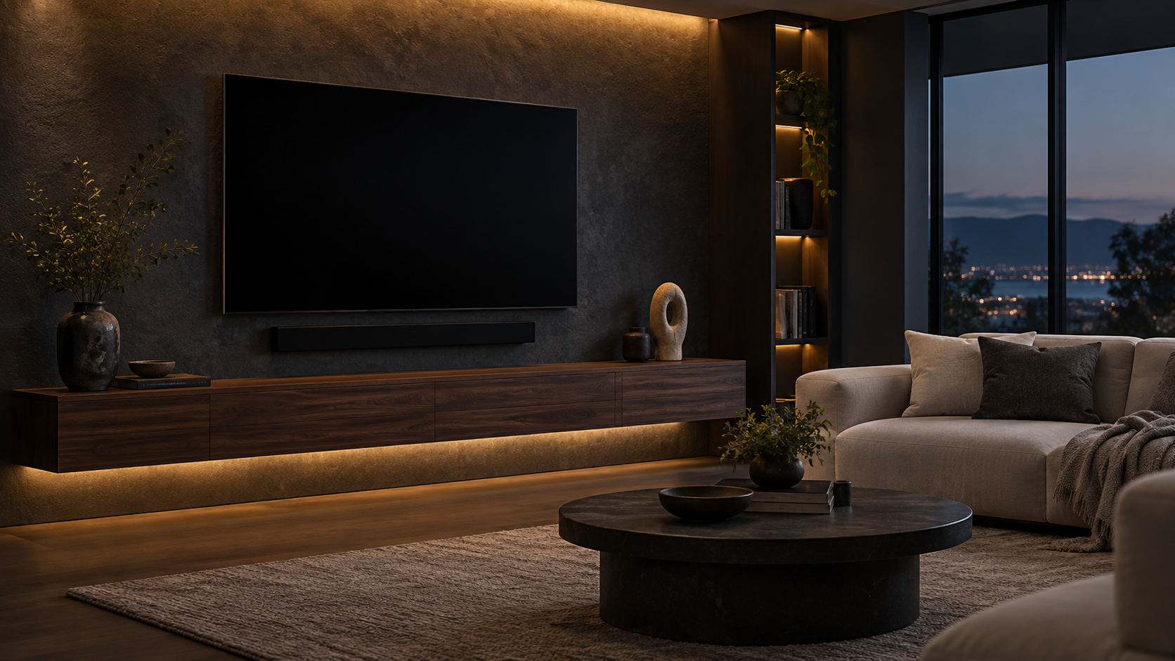 Design concept of a contemporary living room with a wall-mounted TV and concealed cables